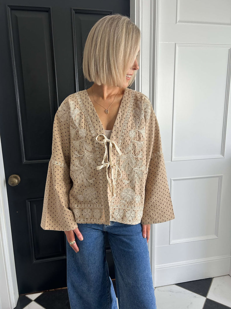 Maisie Tie Front Embroidered Jacket Top - Camel