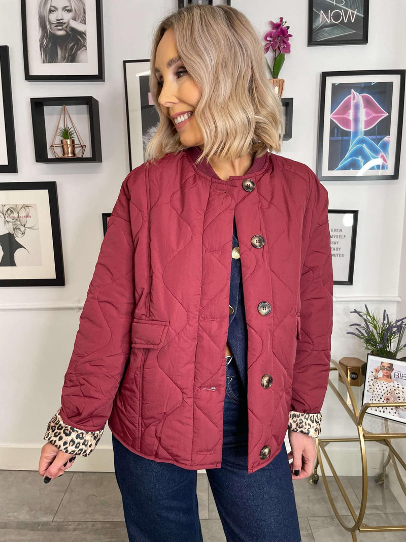 Cali Leopard Quilted Jacket - Burgundy