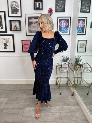 Grace Sequin Velvet Bodycon Dress - Navy