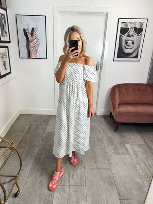 Malou Midi Dress - White/Black Polka Dot