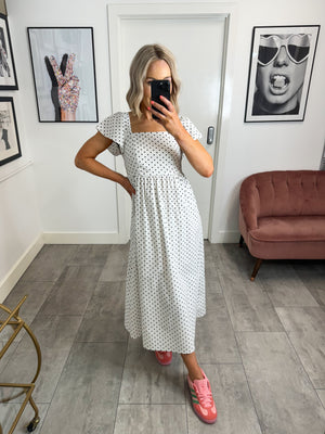 Malou Midi Dress - White/Black Polka Dot