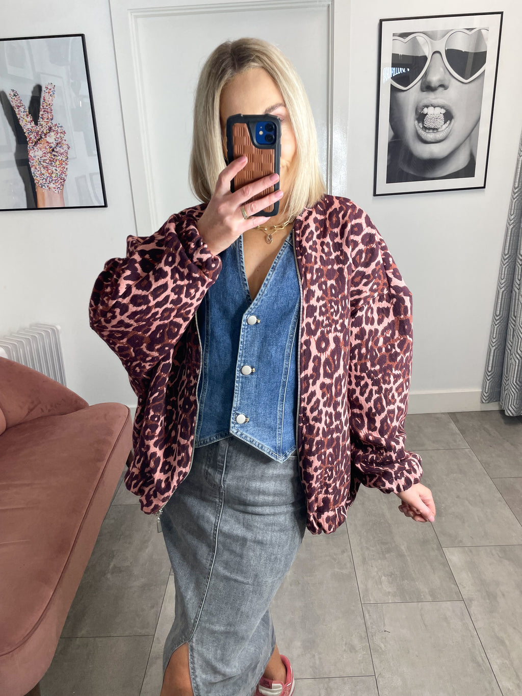 Coco Oversized Jacquard Leopard Bomber - Rust