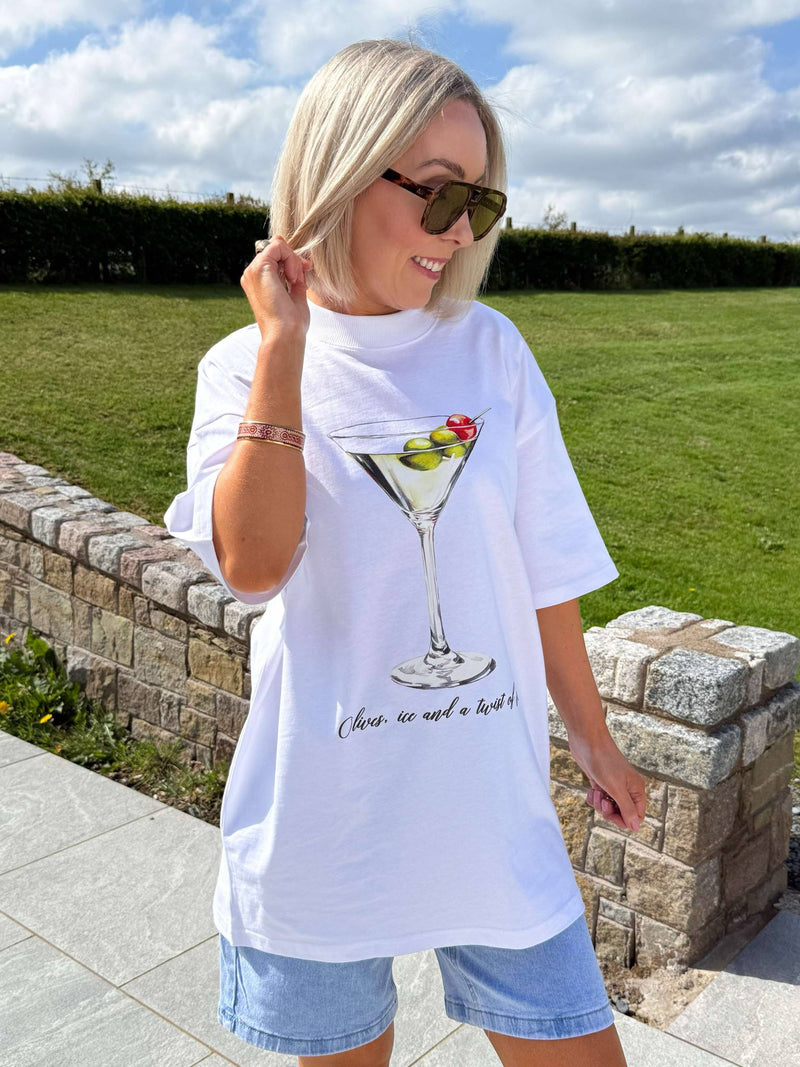 Olive Ice Cocktail Glass Oversized T-Shirt - White