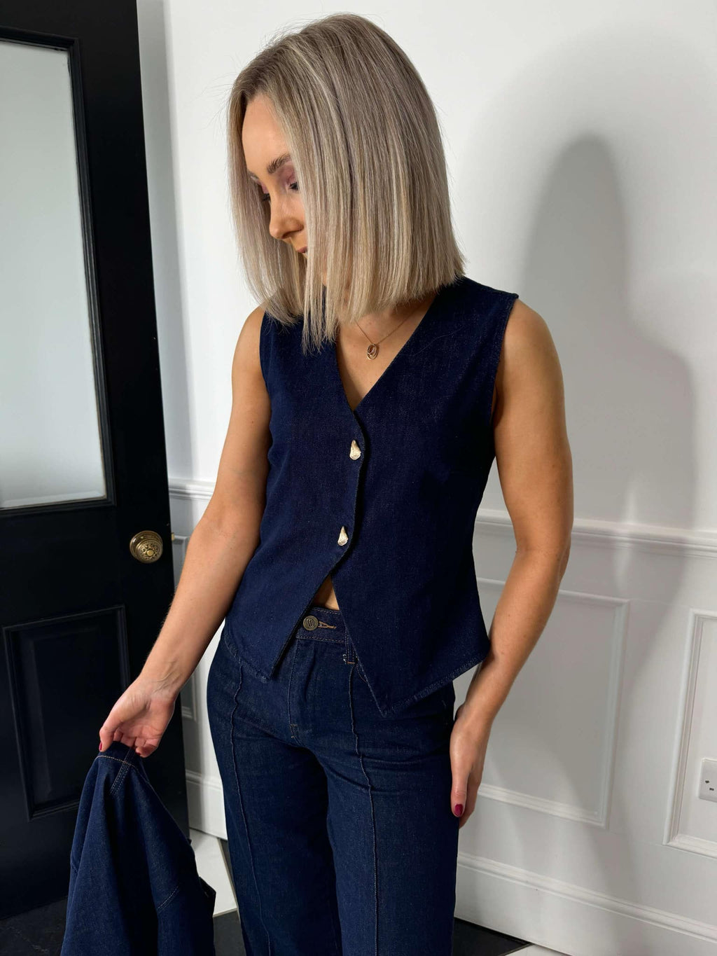 Ava V-Neck Waistcoat - Dark Denim