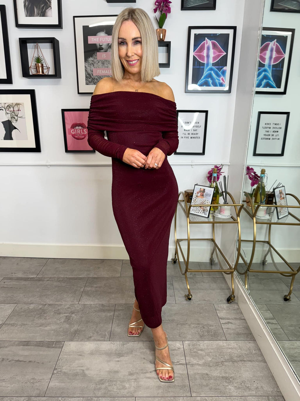 Livi Bardot Dress - Burgundy