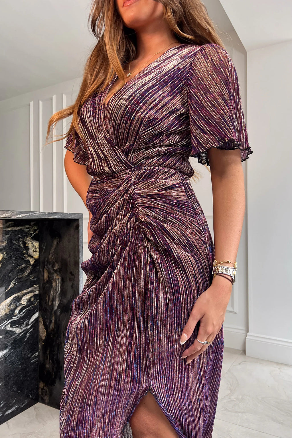 Isla Purple & Gold Metallic Midi Dress