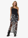 Rosa Long Cutline Slit Skirt in Black cow print featuring short underlining skirt with slide slit.