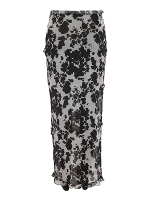 Rosa Long Cutline Slit Skirt in Black cow print featuring short underlining skirt with slide slit.