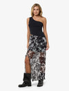 Rosa Long Cutline Slit Skirt in Black cow print featuring short underlining skirt with slide slit.