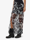 Rosa Long Cutline Slit Skirt in Black cow print featuring short underlining skirt with slide slit.