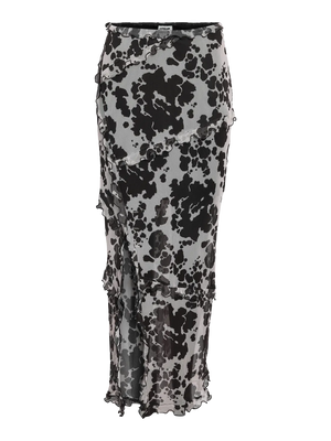 Rosa Long Cutline Slit Skirt in Black cow print featuring short underlining skirt with slide slit.